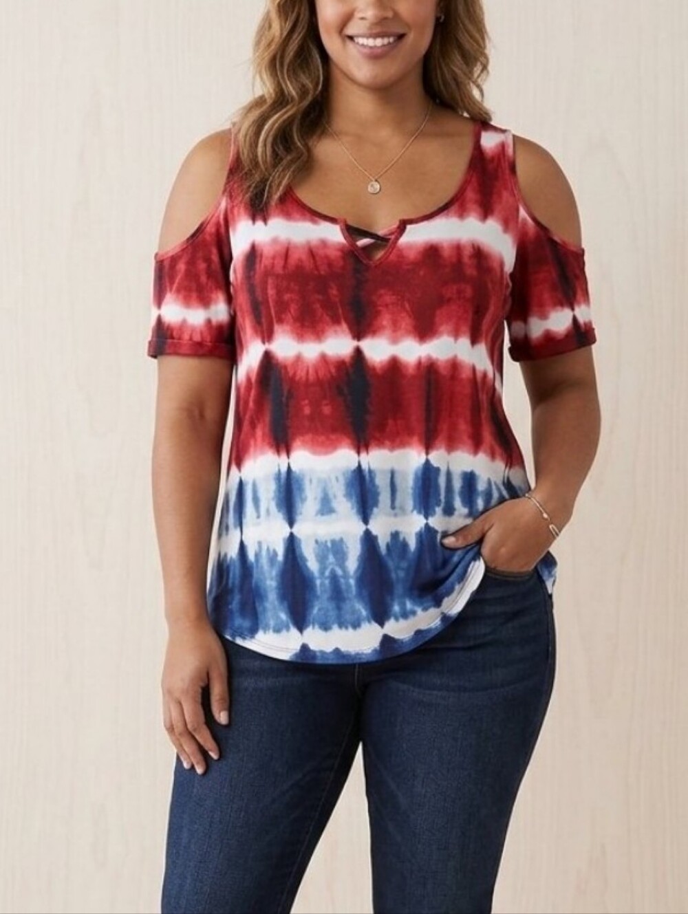 Rock & Republic Cold-Shoulder Criss Cross Detail Tie Dye Red Blue Top Shirt Tee